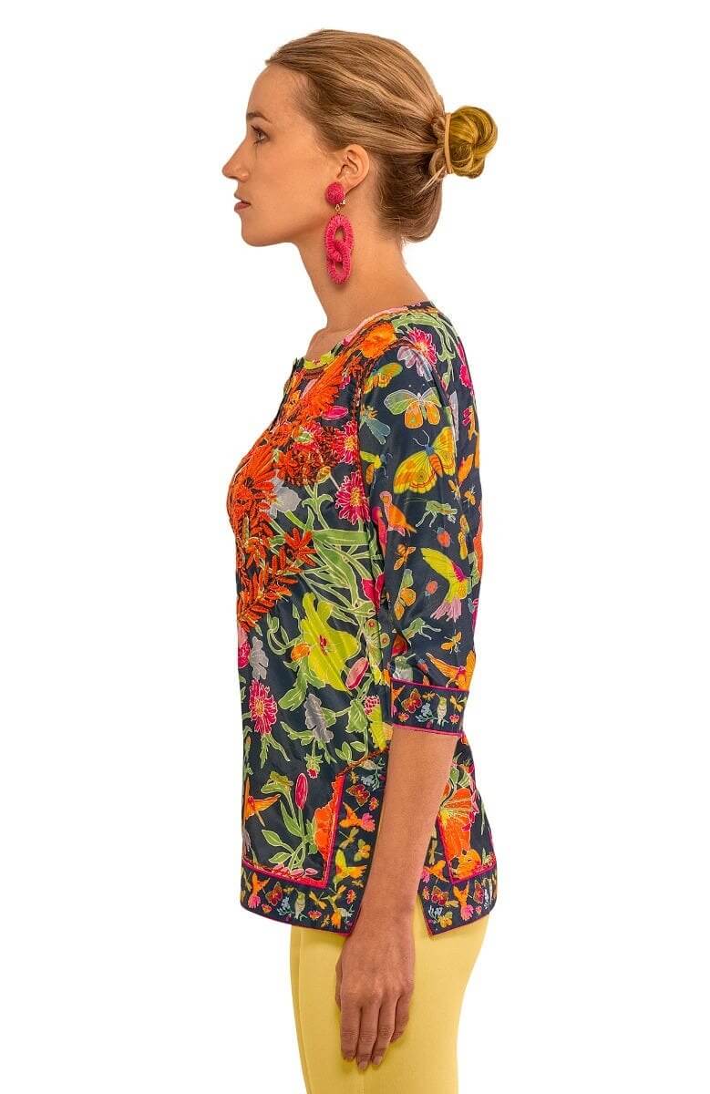 Silk Hand Embroidered Tunic - Birds & the Bees Navy Brights