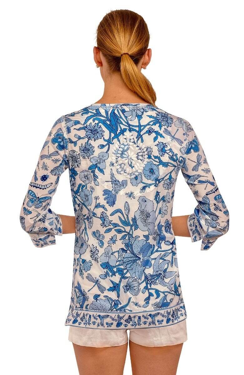 Silk Hand Embroidered Tunic - Birds & the Bees Blues