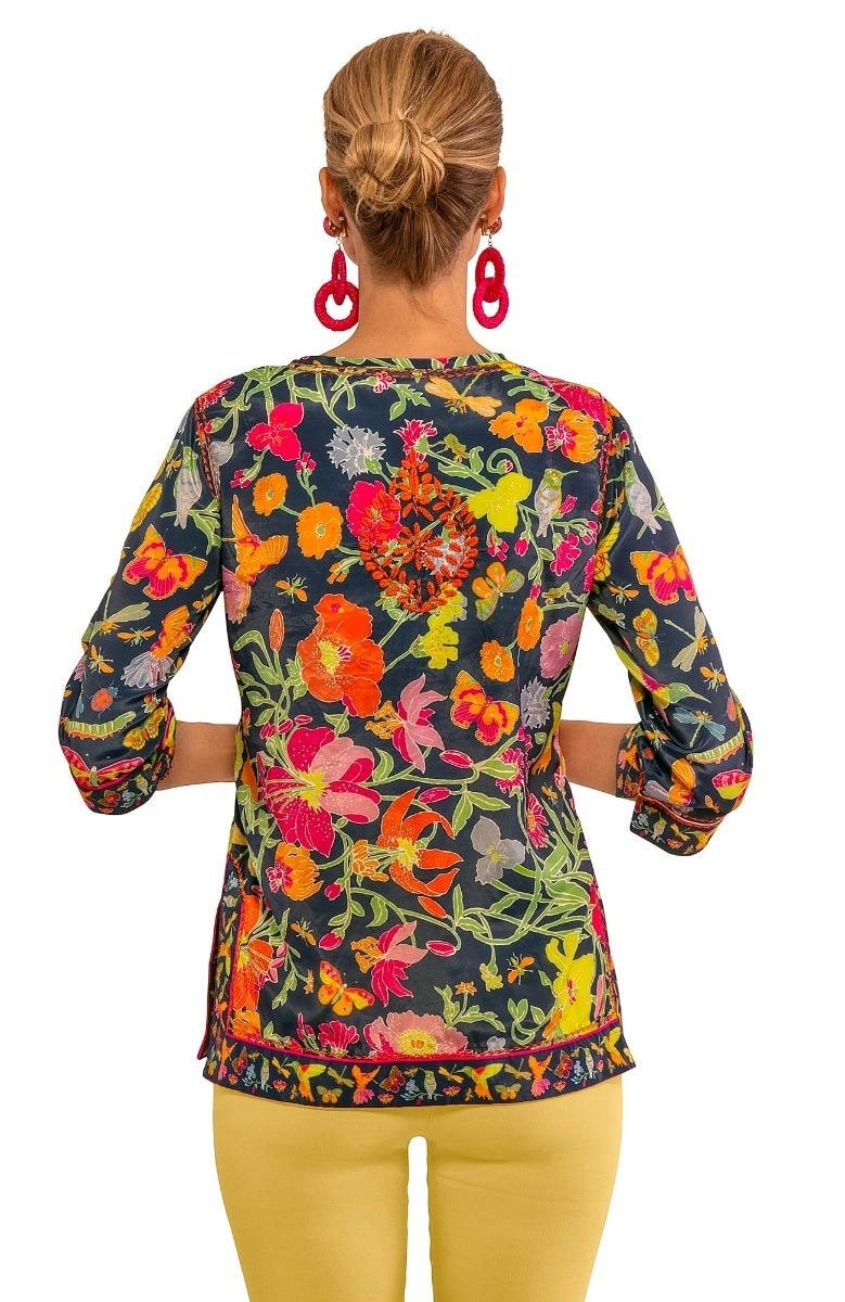 Silk Hand Embroidered Tunic - Birds & the Bees Navy Brights