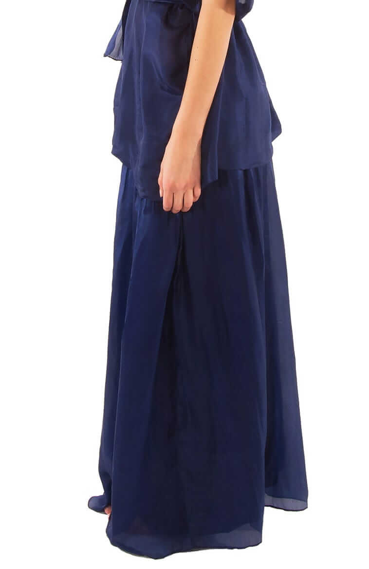 Silk Long Skirt with Sash Navy