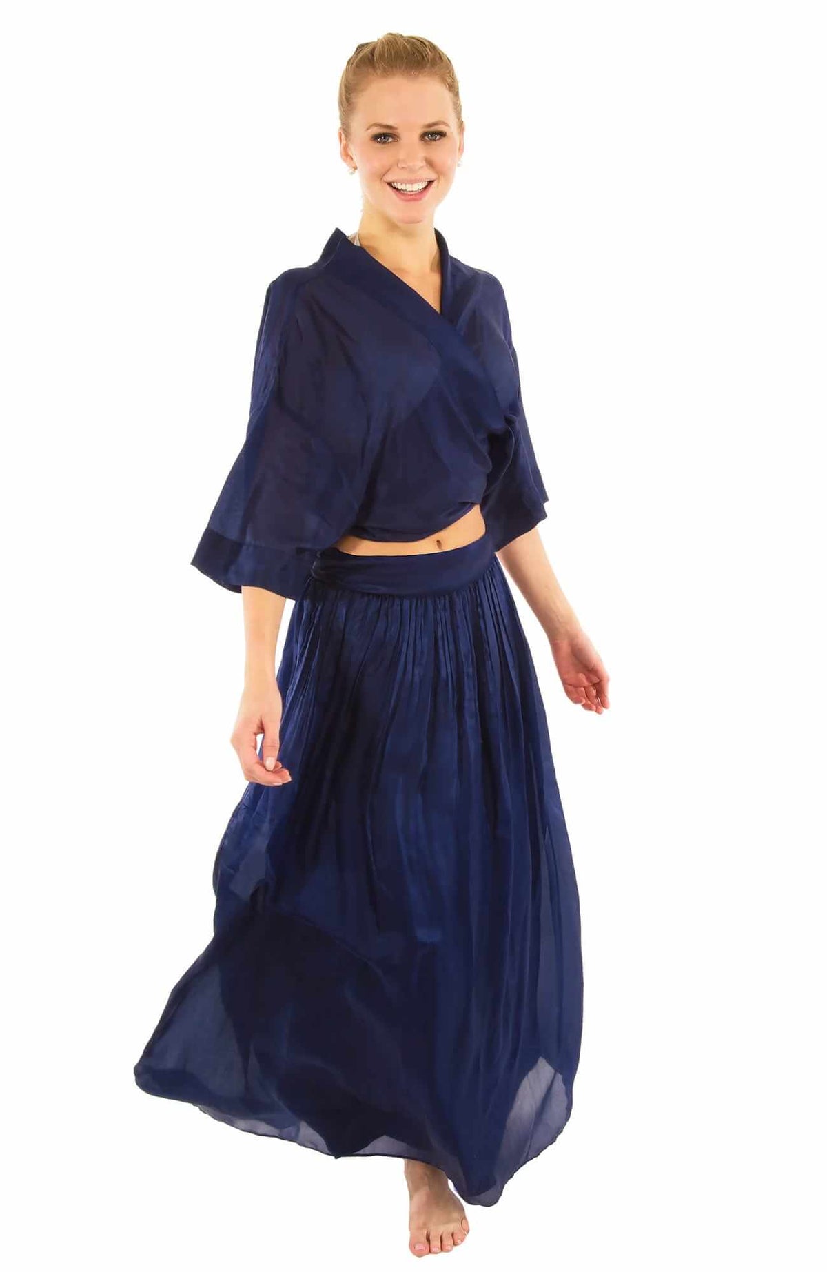 Silk Long Skirt with Sash Navy