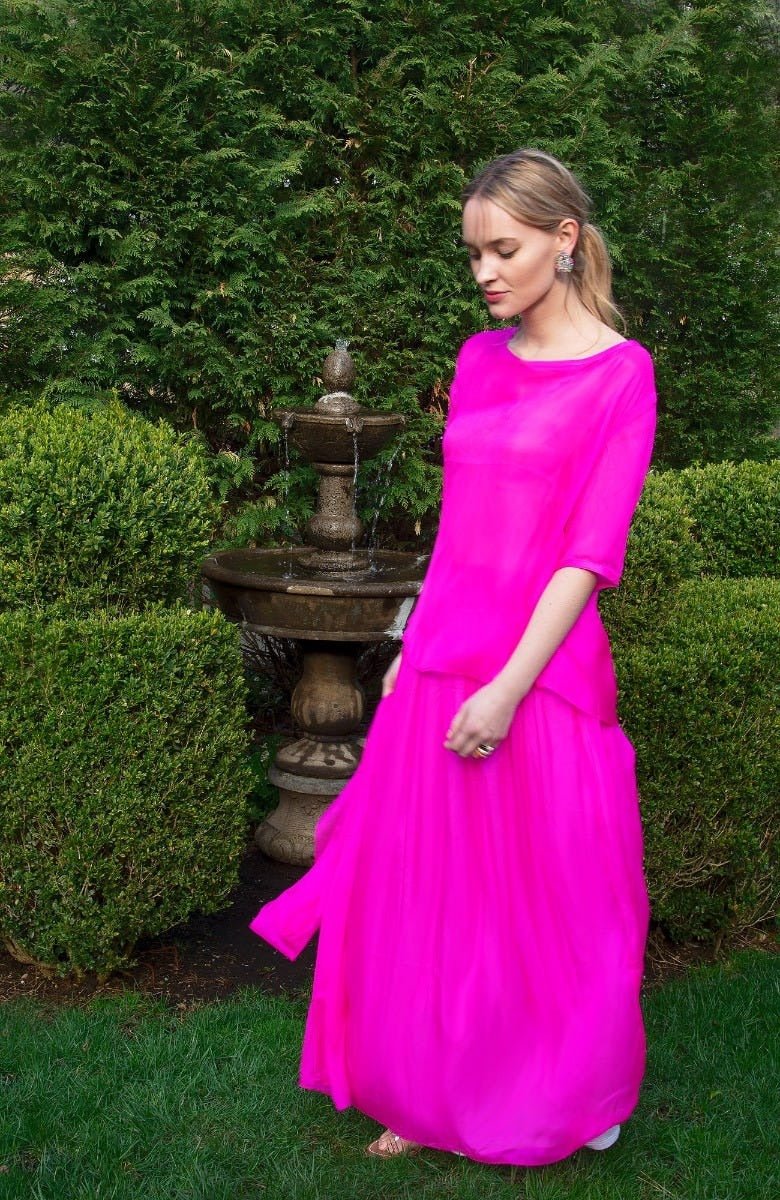 Silk Long Skirt with Sash Hot Pink