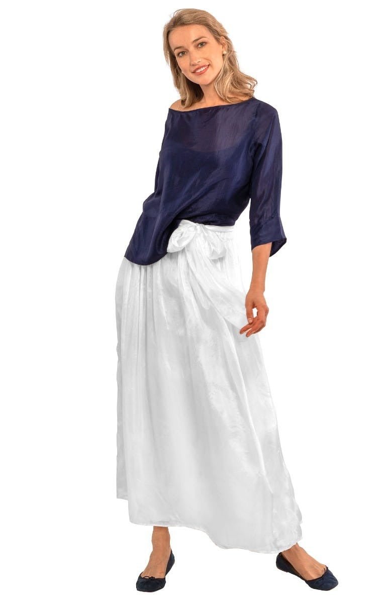 Silk Long Skirt with Sash White