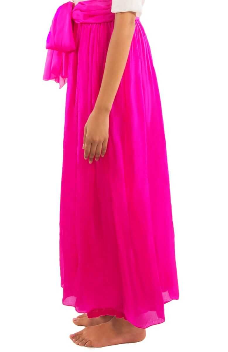 Silk Long Skirt with Sash Hot Pink