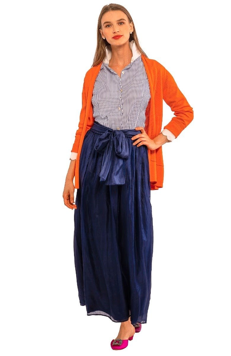 Silk Long Skirt with Sash Navy