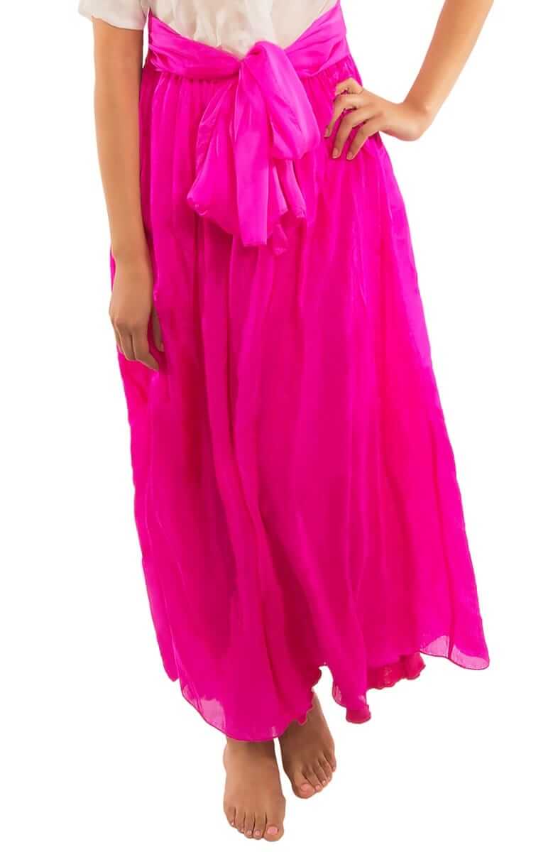 Silk Long Skirt with Sash Hot Pink