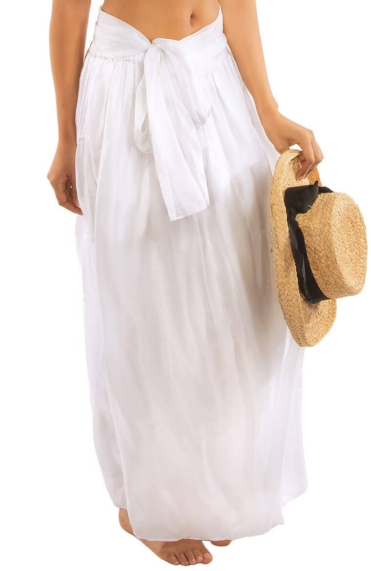Silk Long Skirt with Sash White