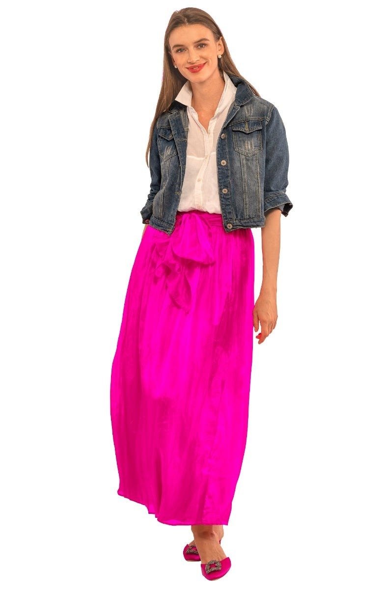 Silk Long Skirt with Sash Hot Pink