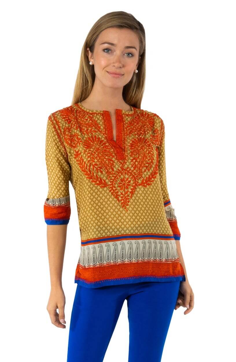 Silk Hand Embroidered Tunic - Final Sale Caramel Kick