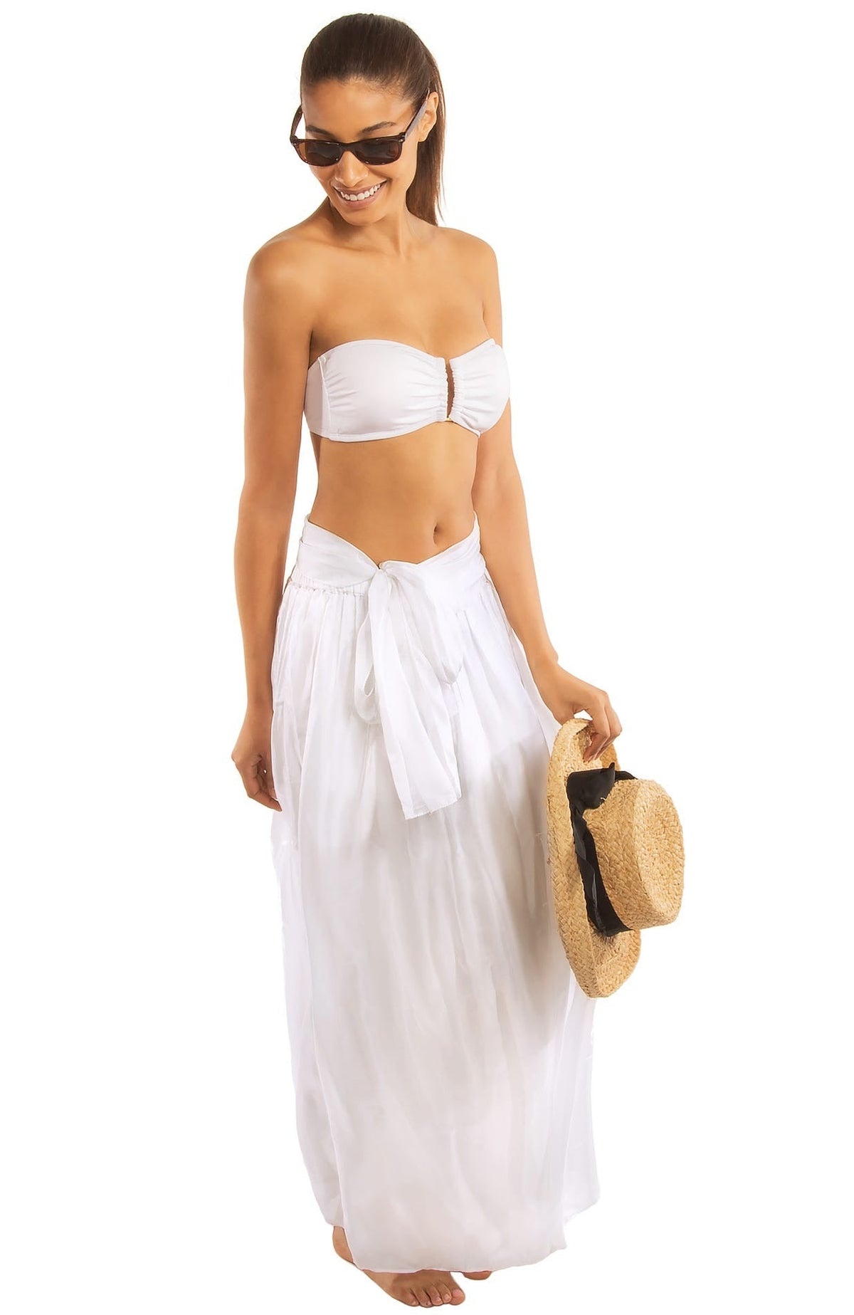 Silk Long Skirt with Sash White
