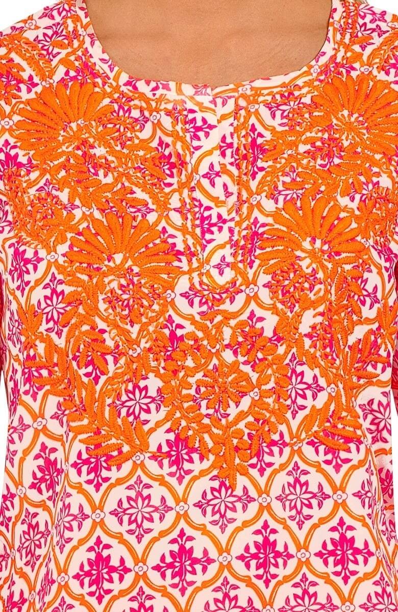 Silky Hand Embroidered Tunic - East India - Final Sale Pink Orange