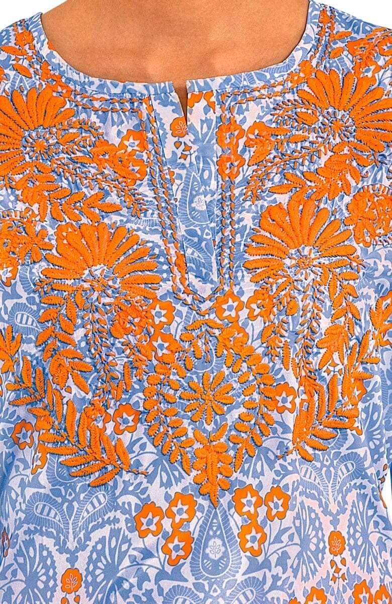 Silky Hand Embroidered Tunic - East India - Final Sale Periwink Orange