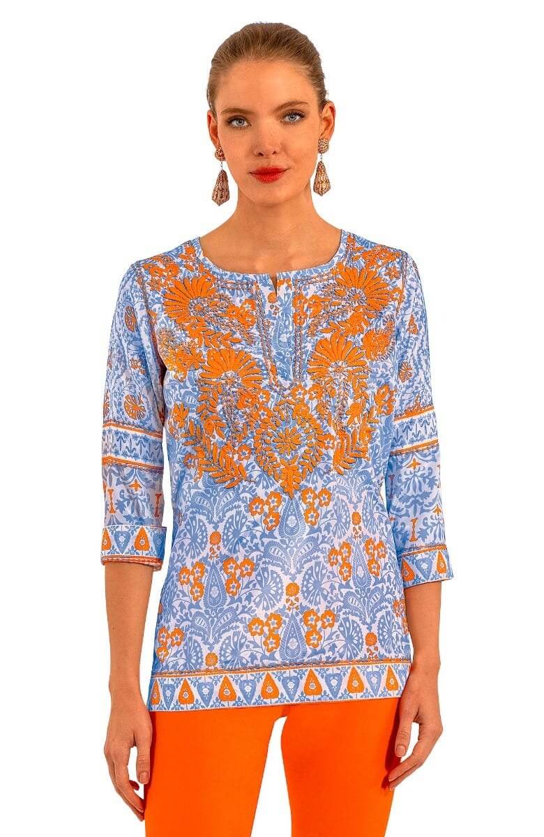 Silky Hand Embroidered Tunic - East India - Final Sale Periwink Orange