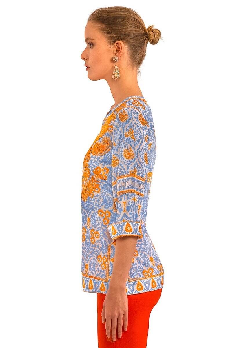 Silky Hand Embroidered Tunic - East India - Final Sale Periwink Orange