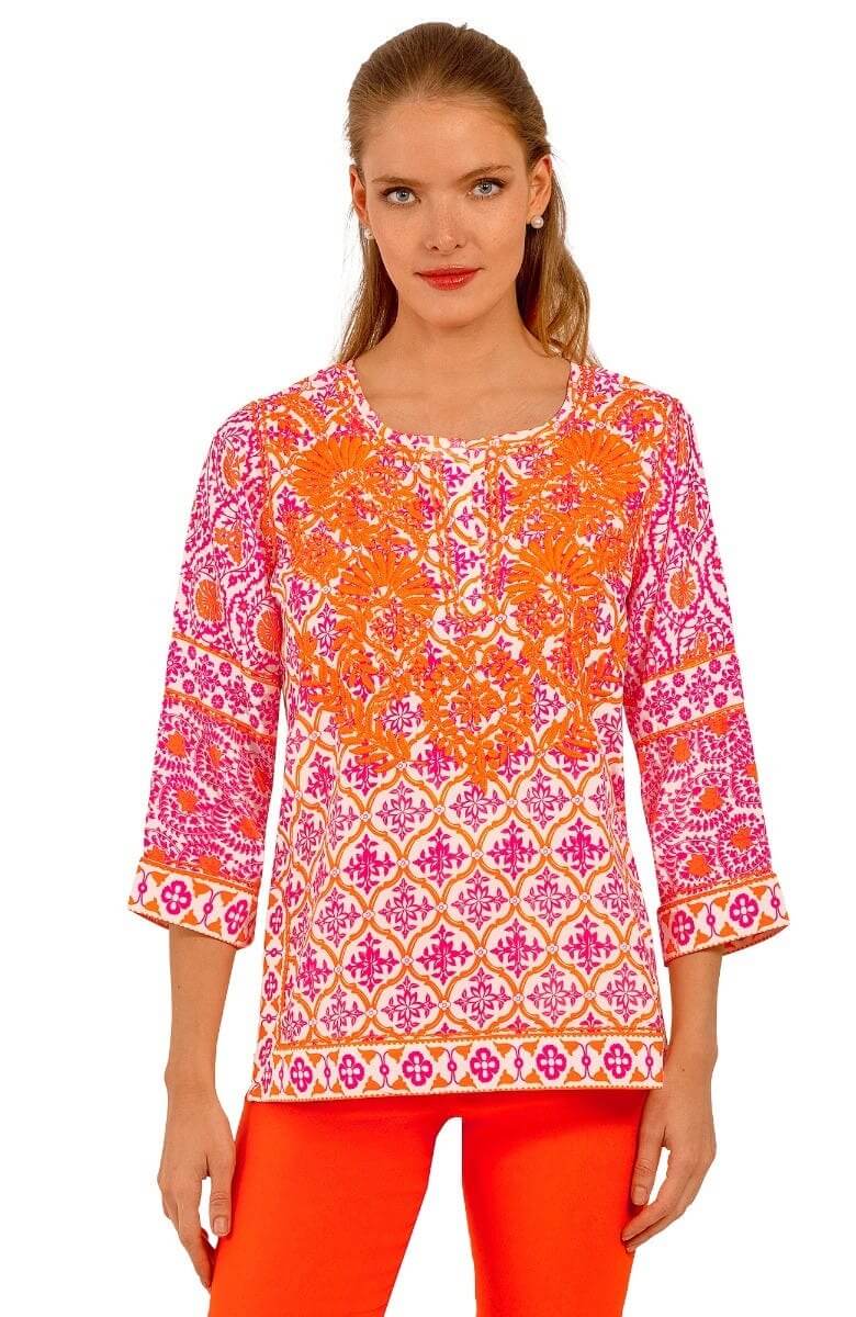 Silky Hand Embroidered Tunic - East India - Final Sale Pink Orange
