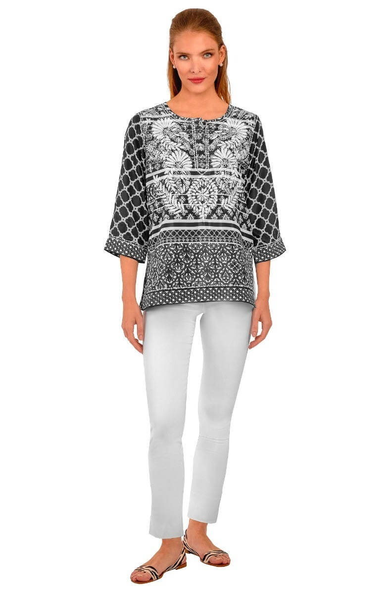 Silky Hand Embroidered Tunic - Wall of Secrets Black White