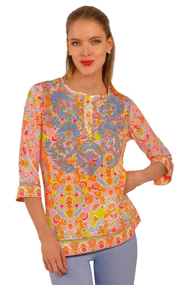 Silky Hand Embroidered Tunic - Watteau - Final Sale Lime Pink