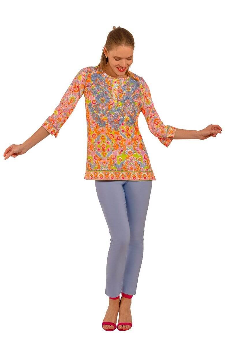 Silky Hand Embroidered Tunic - Watteau - Final Sale Lime Pink