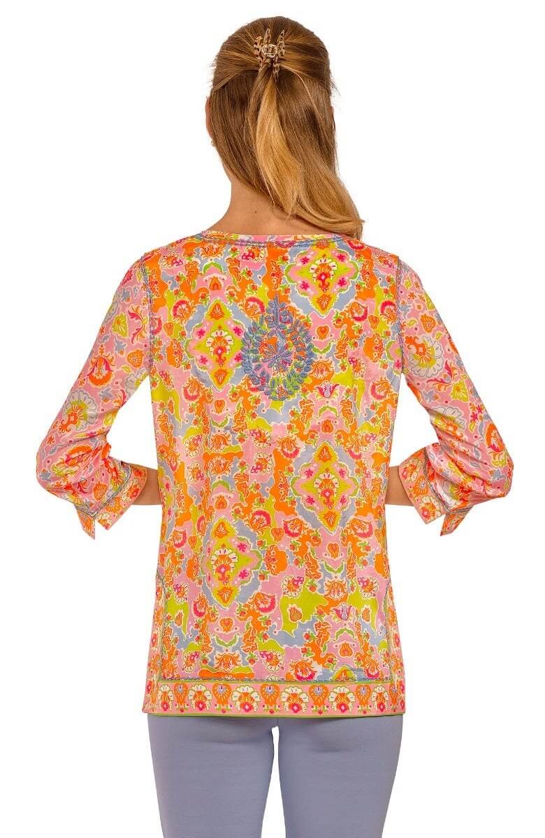 Silky Hand Embroidered Tunic - Watteau - Final Sale Lime Pink