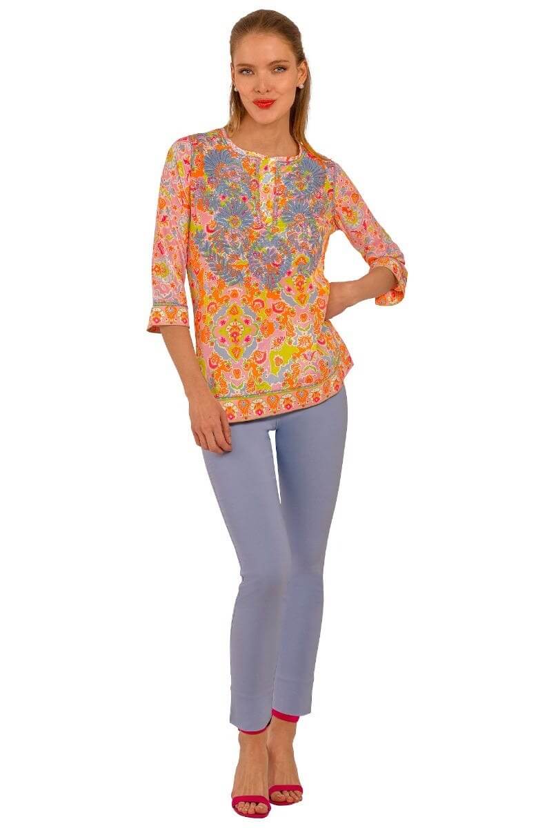 Silky Hand Embroidered Tunic - Watteau - Final Sale Lime Pink