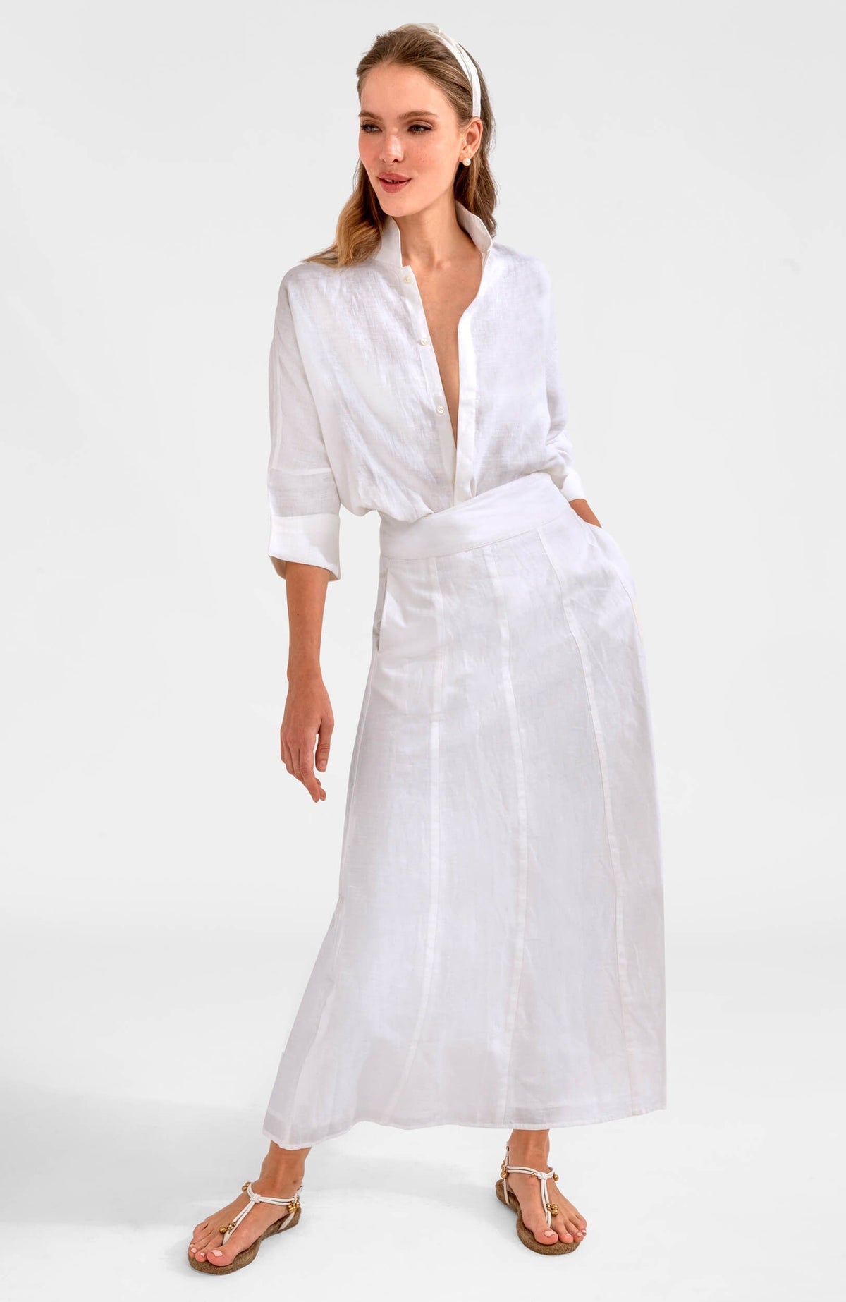 Solid Linen Gore Skirt White