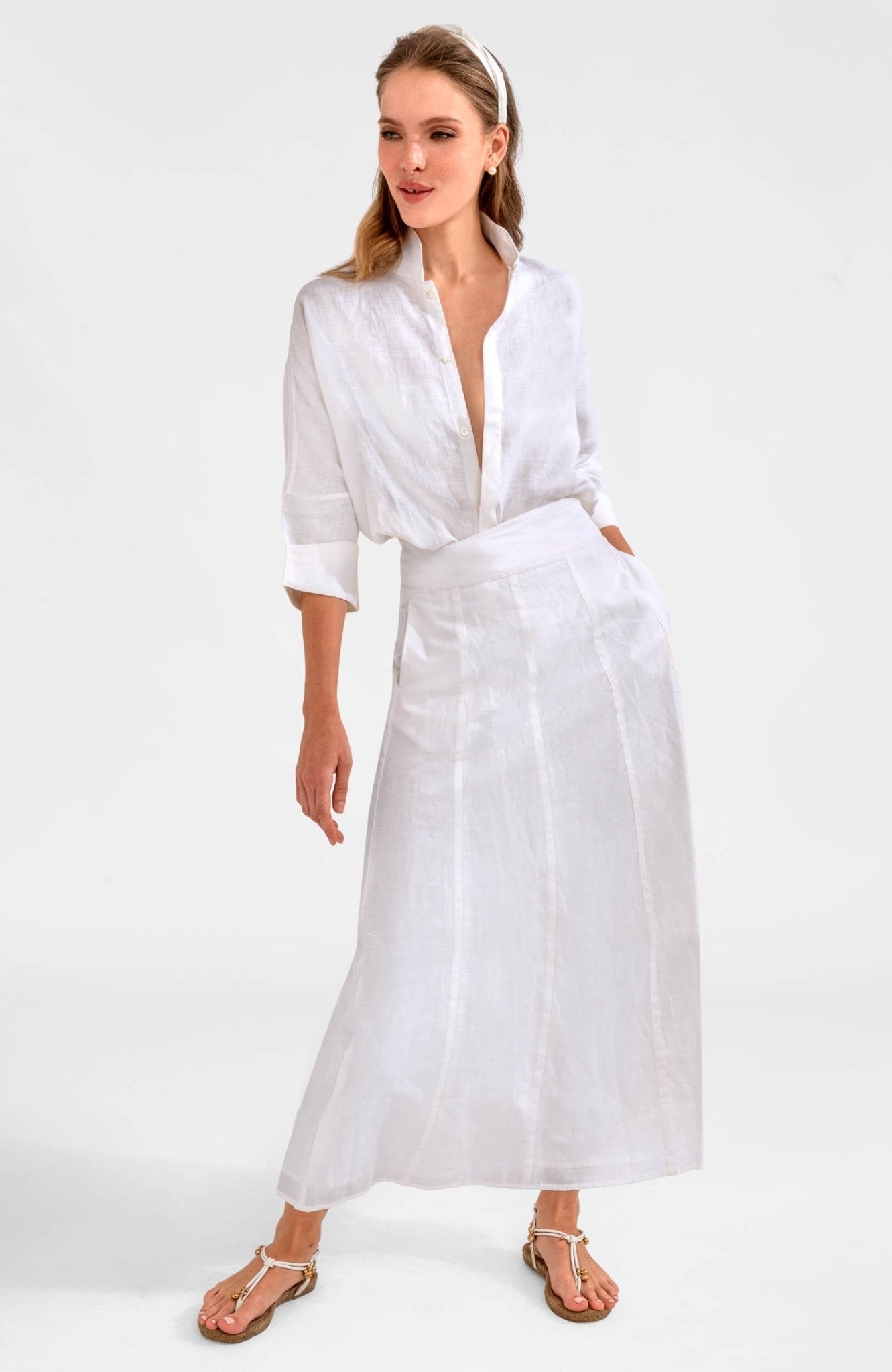 Solid Linen Gored Skirt White