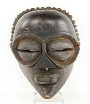 Songye Carved Mask - Wood Raffia Decoration With Large Slit Eyes And Square Mouth