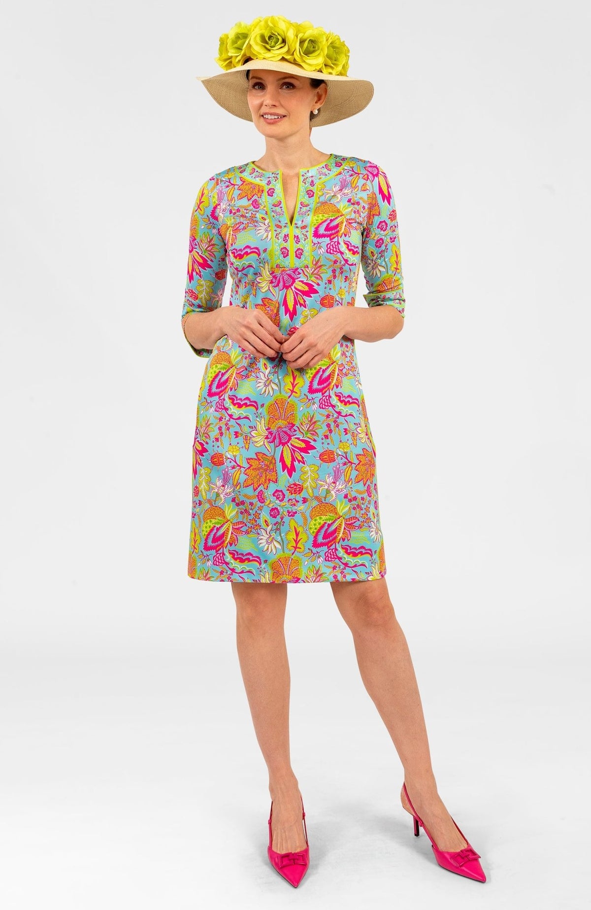 Split Neck Dress - Blooming Party Mystic Turq