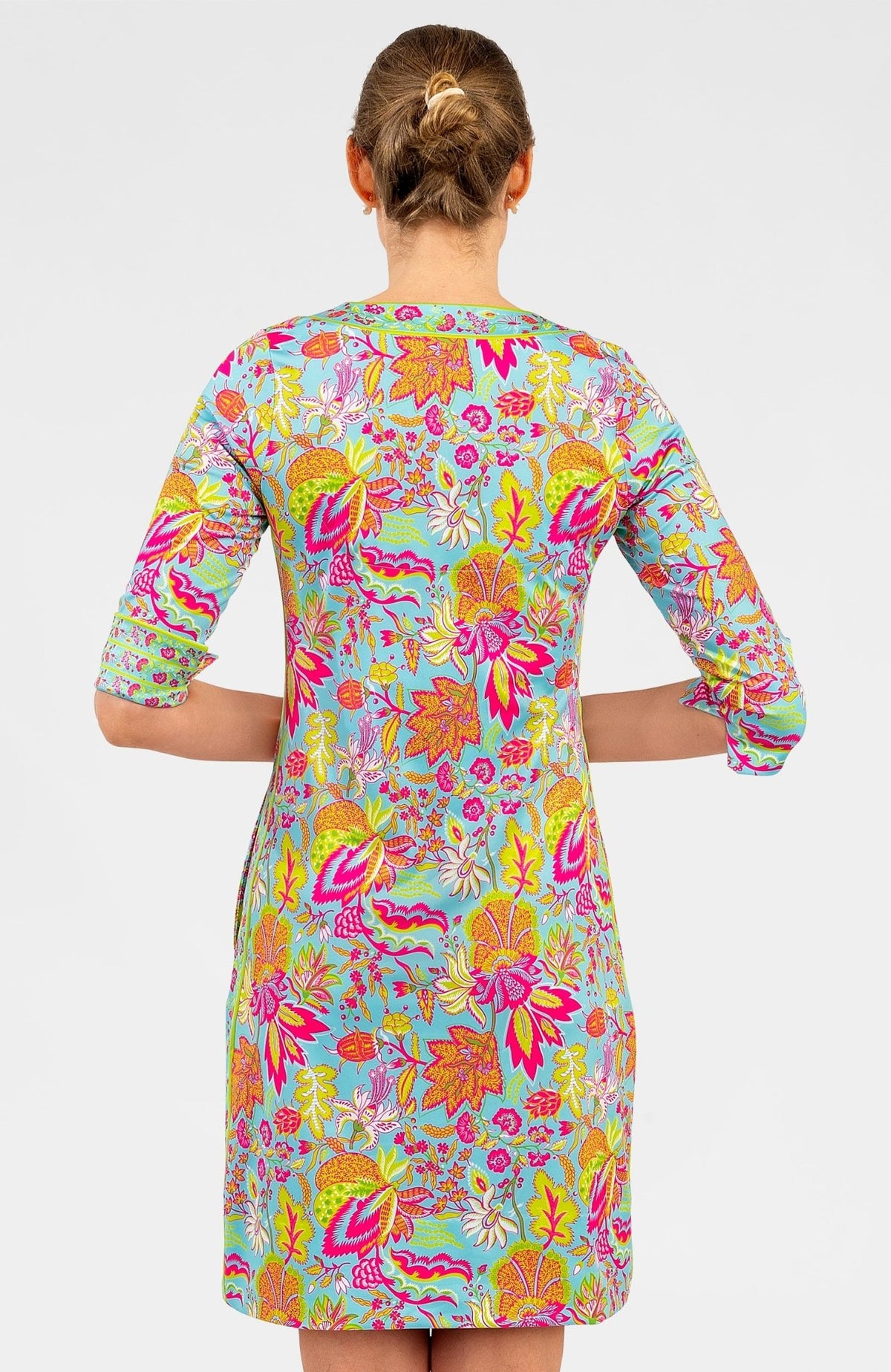 Split Neck Dress - Blooming Party Mystic Turq