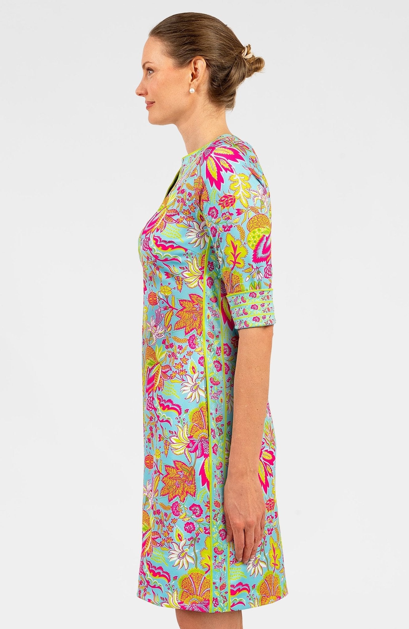 Split Neck Dress - Blooming Party Mystic Turq