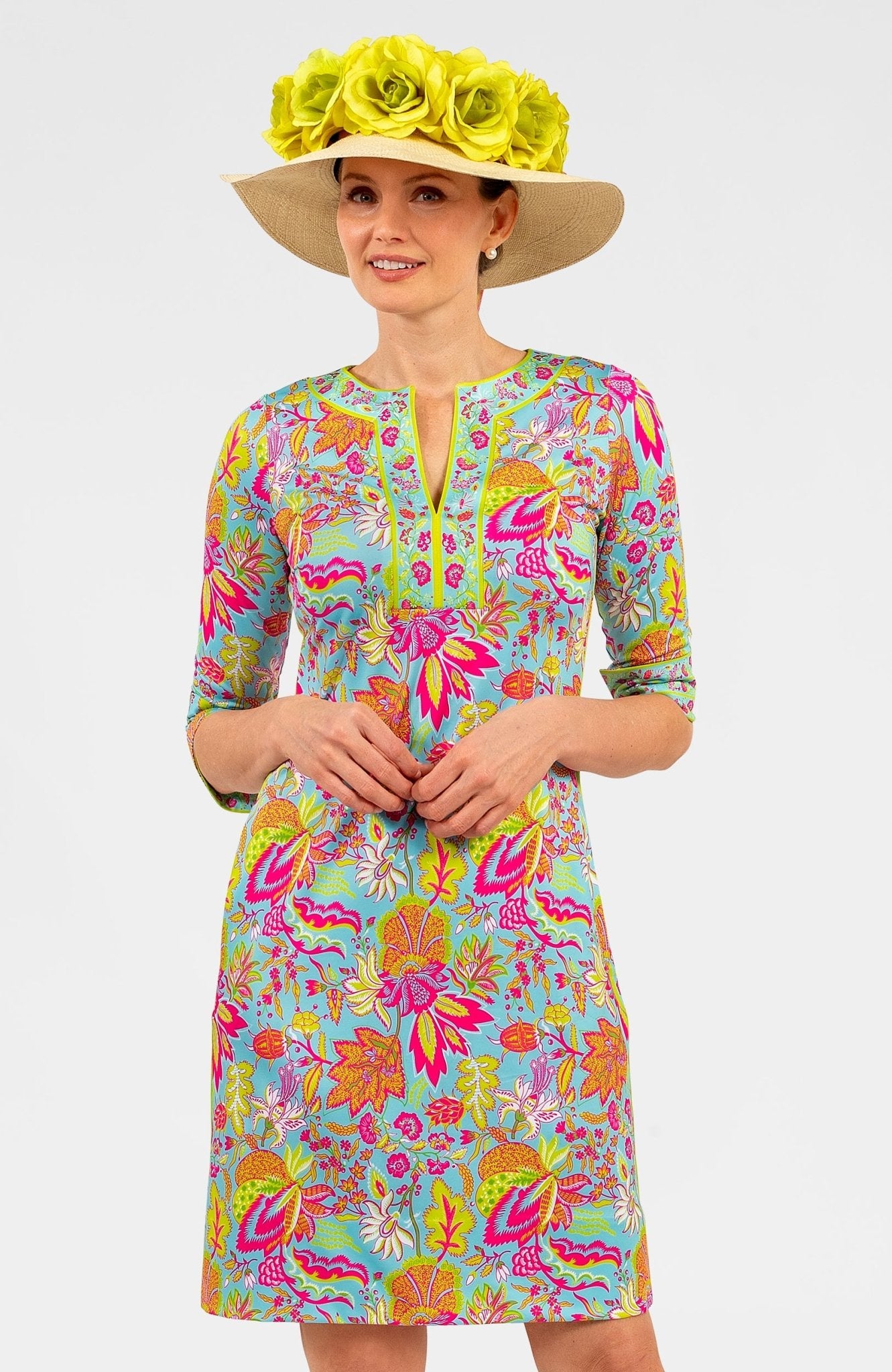 Split Neck Dress - Blooming Party Mystic Turq