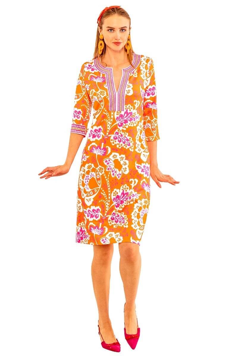 Split Neck Dress - Flora Orange Pink