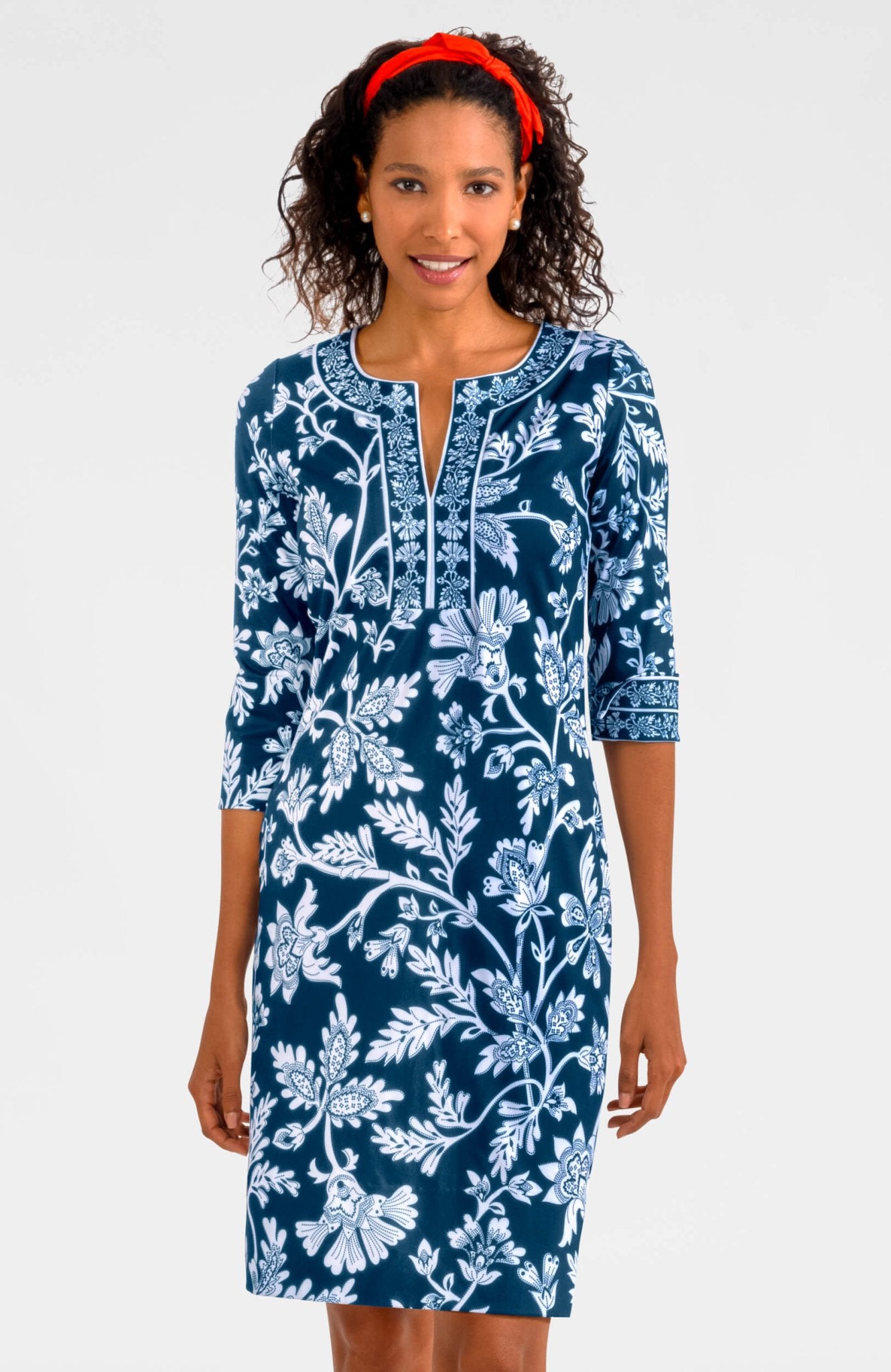 Split Neck Dress - Stunning Stippling Navy
