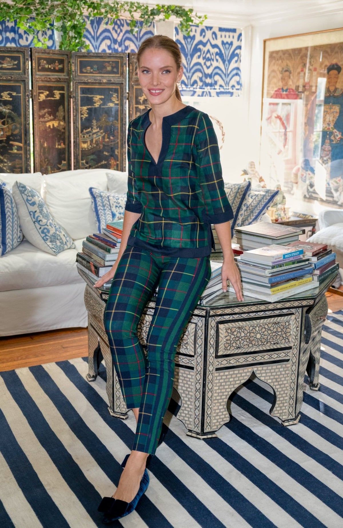 Split Neck Tunic - Plaidly Cooper Green Multi