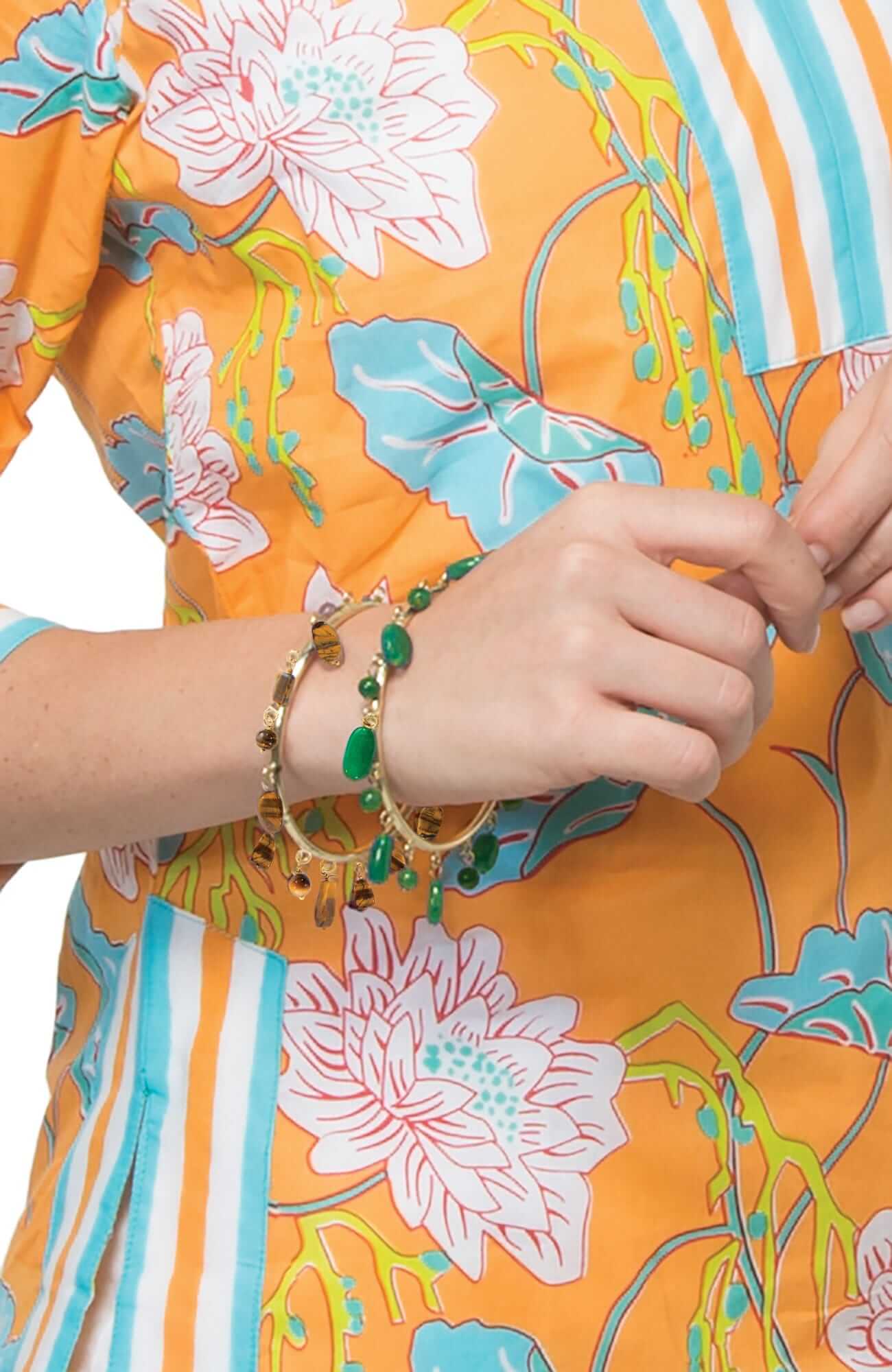 "Stone Charmer" Gemstone Charm Bangle Bracelet Gold Jade