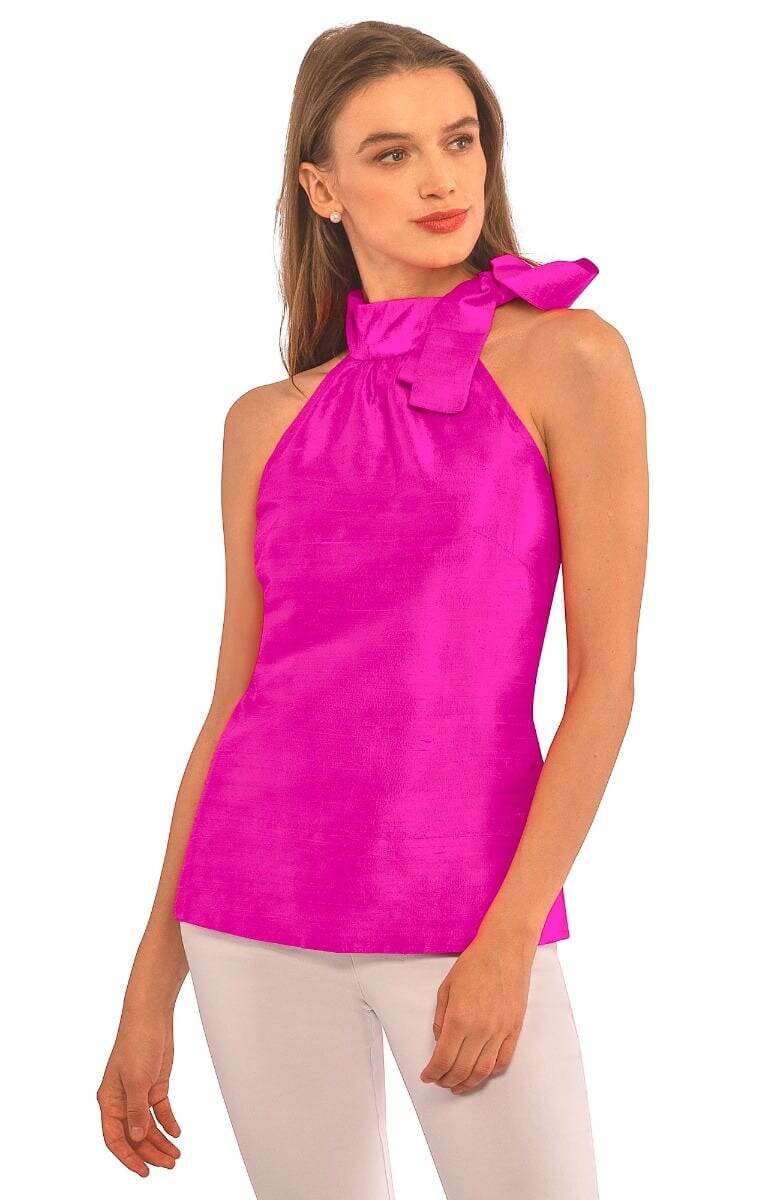 Silk Dupioni Neck Tie Blouse Fuchsia