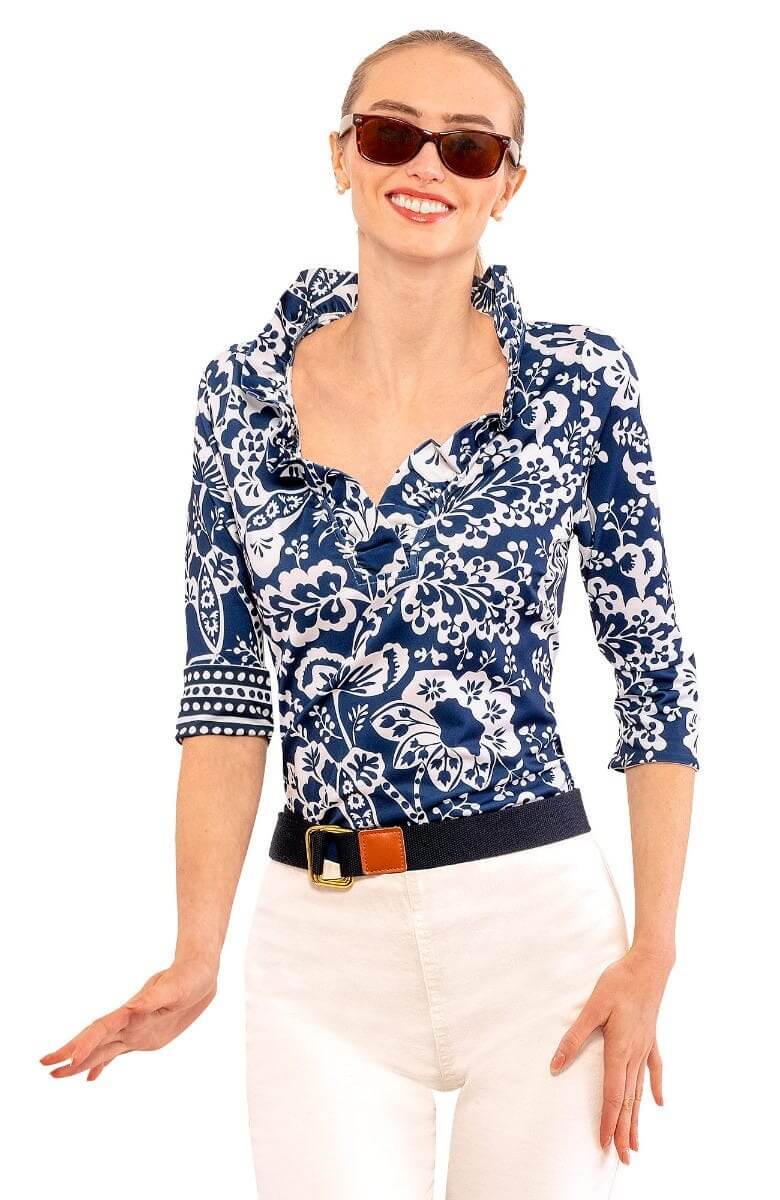 3/4 Sleeve Ruffneck Top - Flora Navy