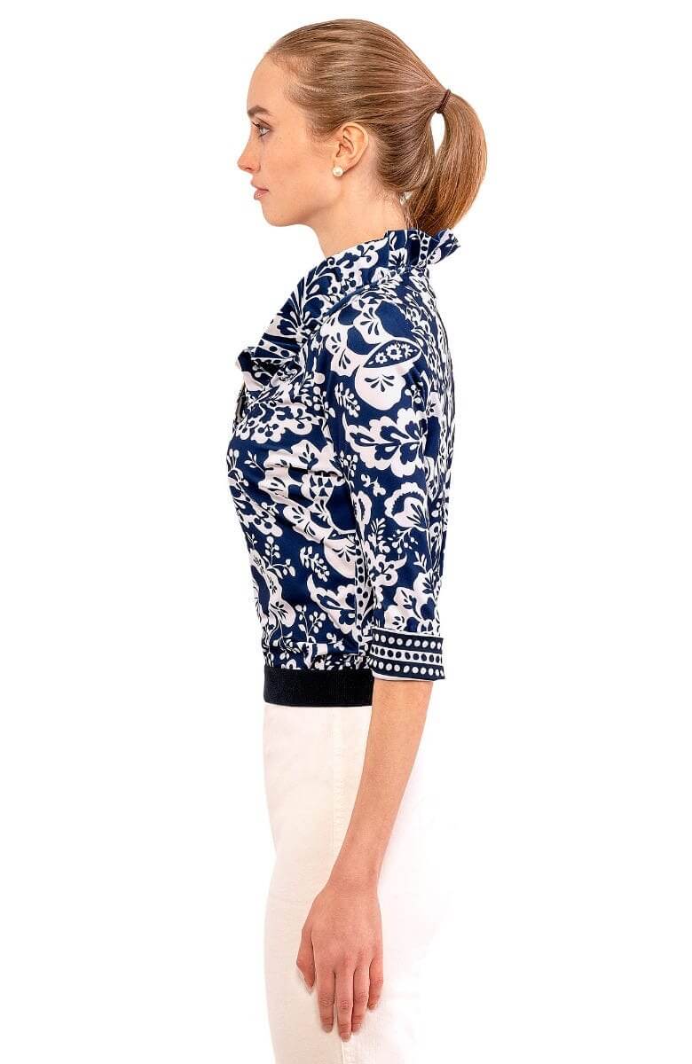 3/4 Sleeve Ruffneck Top - Flora Navy