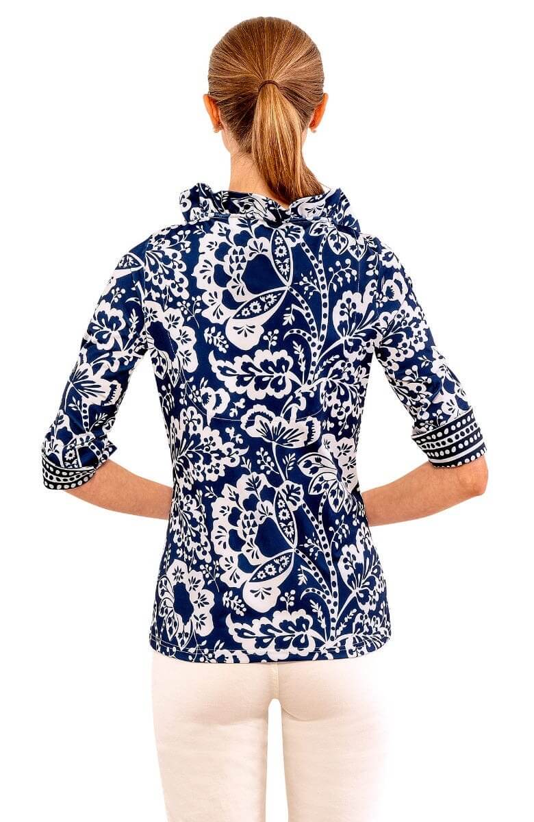 3/4 Sleeve Ruffneck Top - Flora Navy