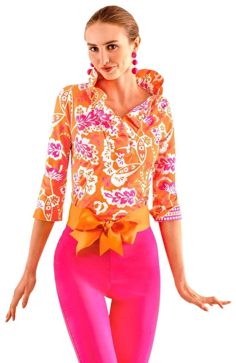 3/4 Sleeve Ruffneck Top - Flora Orange Pink