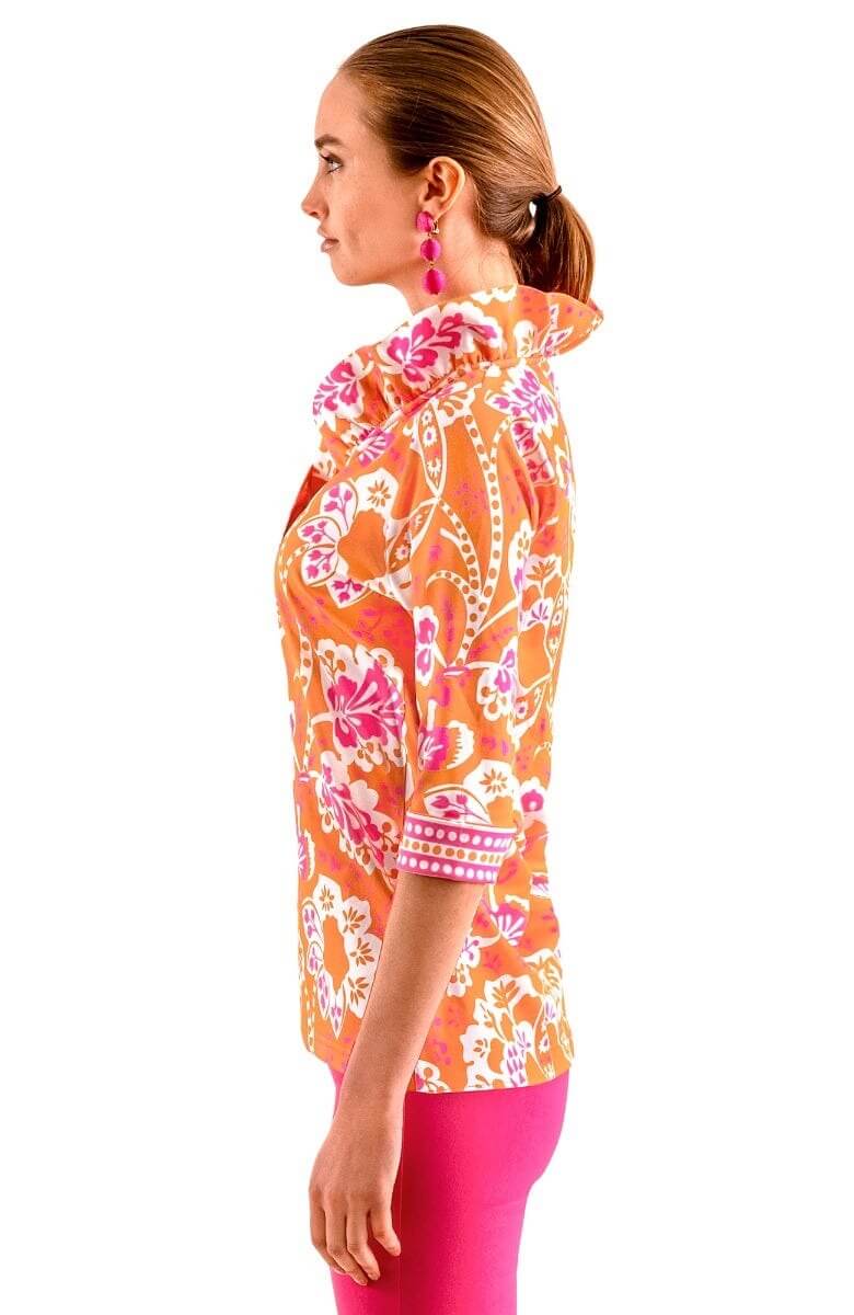 3/4 Sleeve Ruffneck Top - Flora Orange Pink