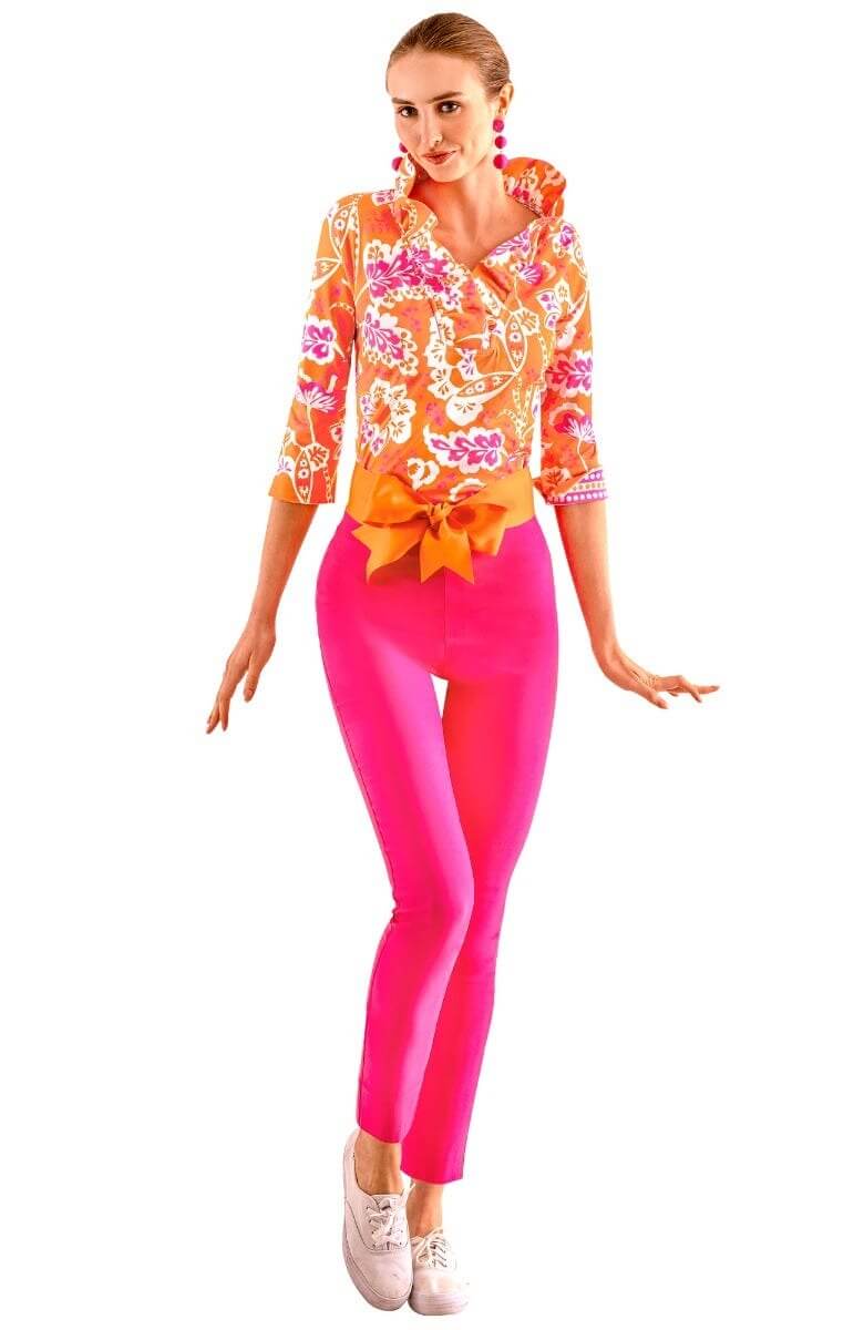 3/4 Sleeve Ruffneck Top - Flora Orange Pink