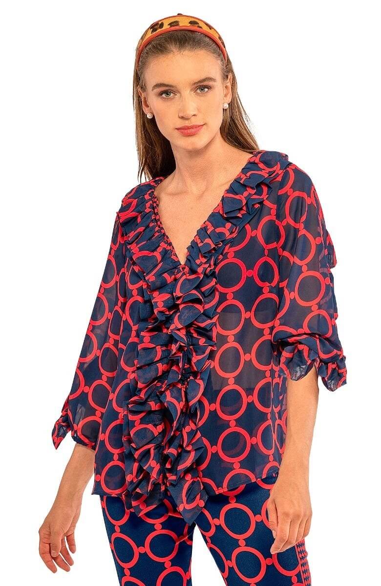 Rufflestiltskin Blouse - Dip &amp; Dot - Final Sale Navy Red