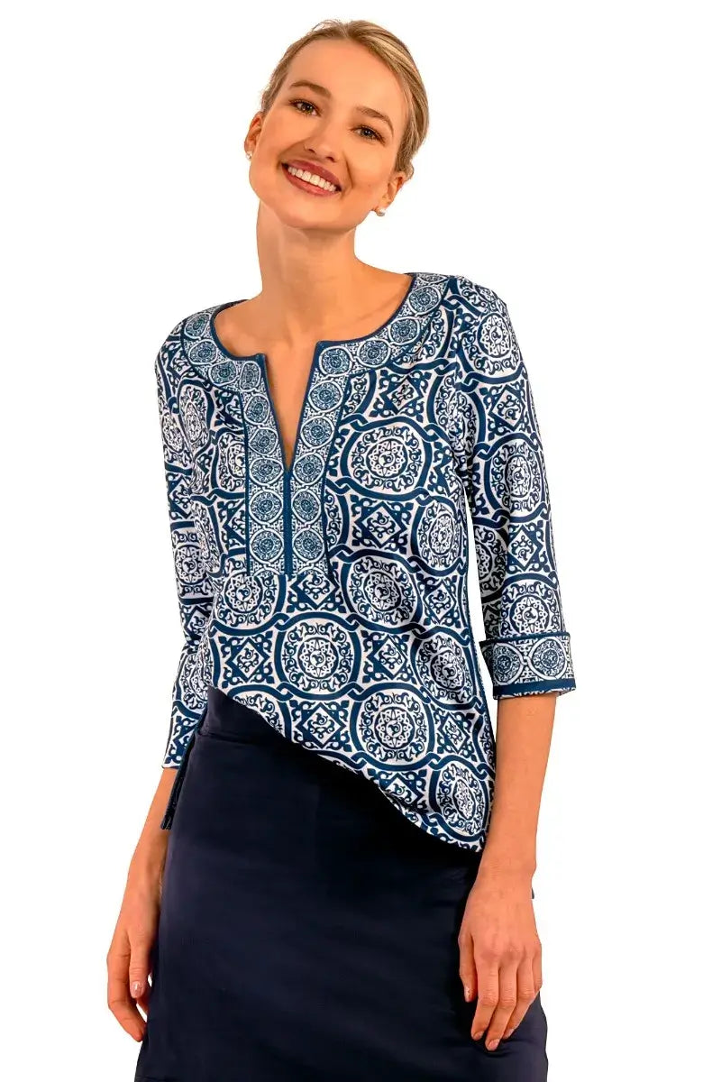 Jersey Split Neck Tunic - Sultan&#39;s Dining Room Navy White