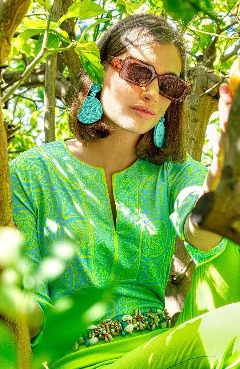 Jersey Split Neck Tunic - Sultan&#39;s Dining Room Turq Lime