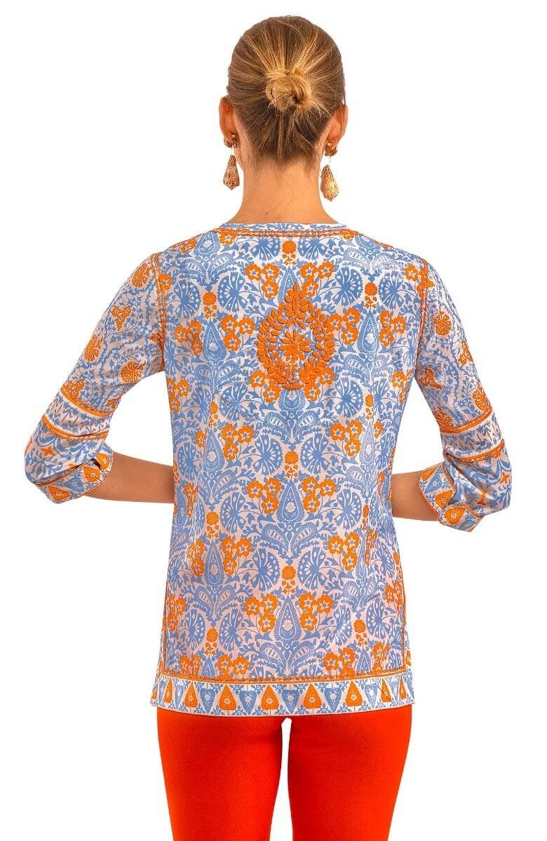 Silk Hand Embroidered Tunic - East India Periwink Orange