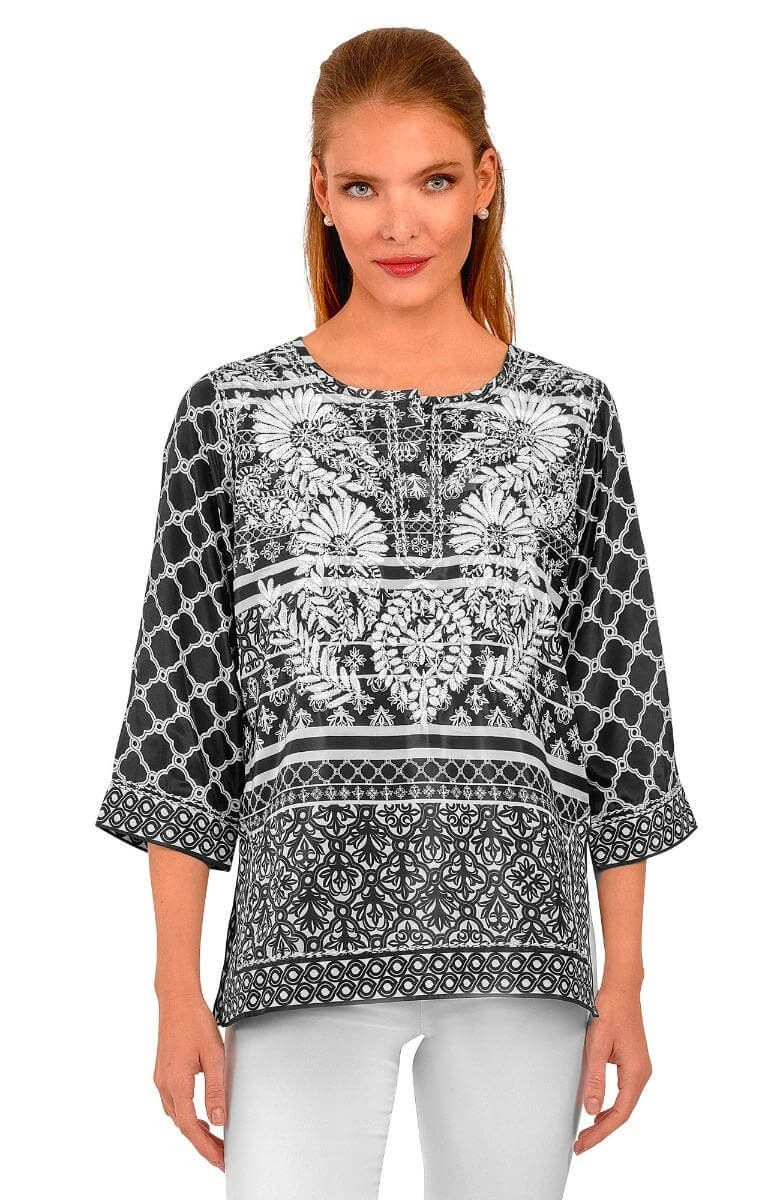 Silk Hand Embroidered Tunic - Wall of Secrets Black White