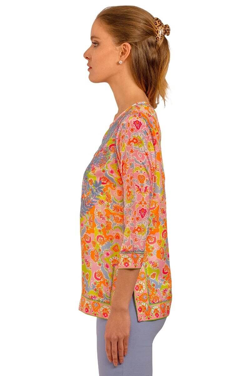 Silky Hand Embroidered Tunic - Watteau - Final Sale Lime Pink
