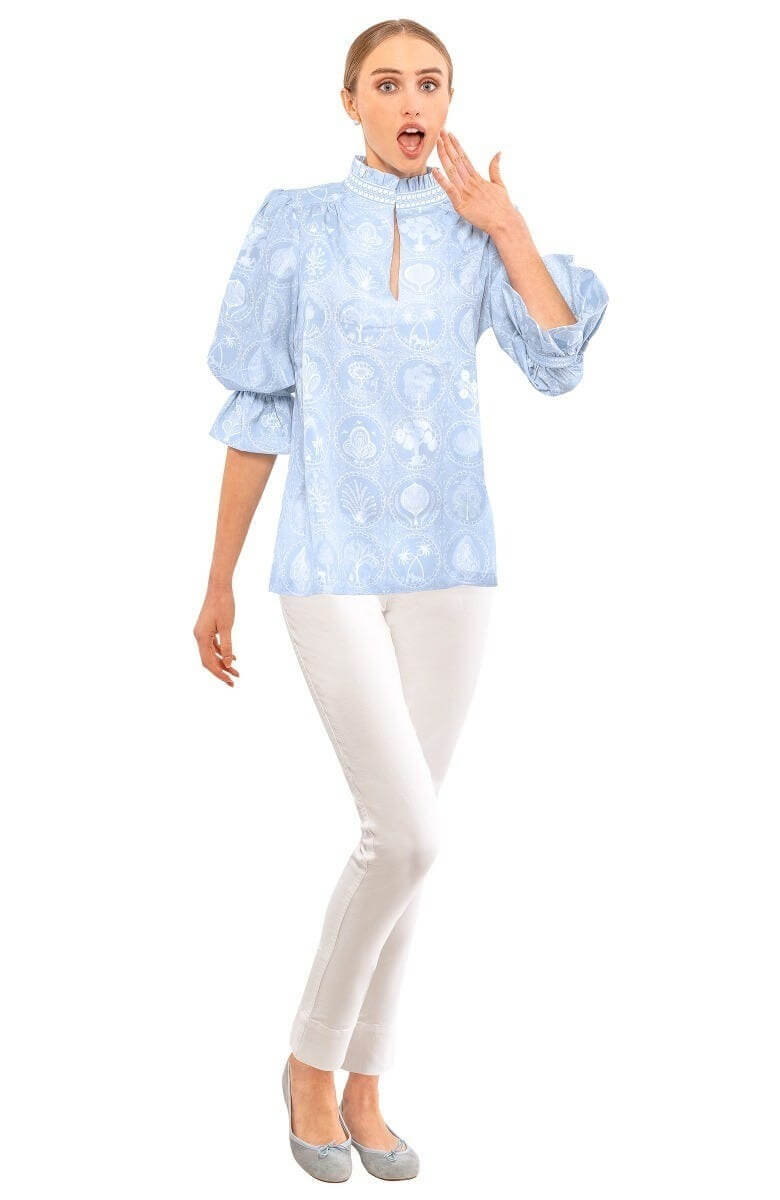 Ruffleneck Tunic - Circle of Love Periwinkle White