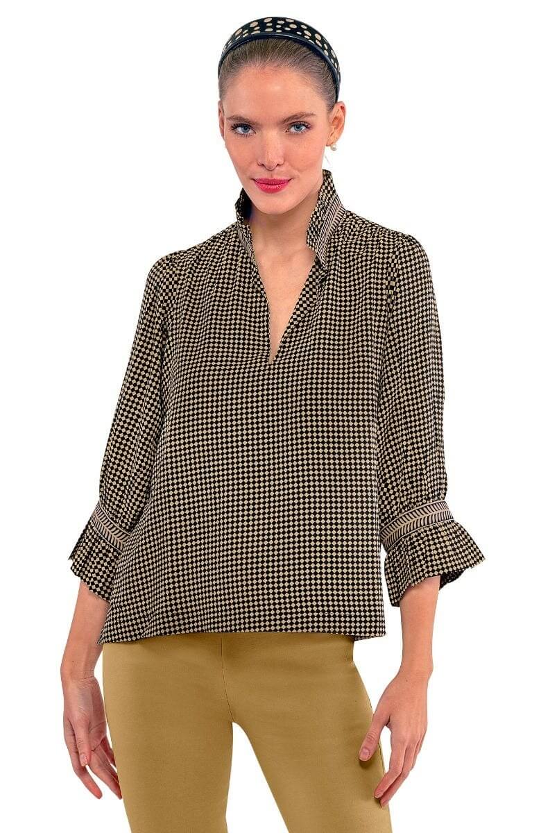Ruffleneck Tunic - Checkmate - Final Sale Black Khaki